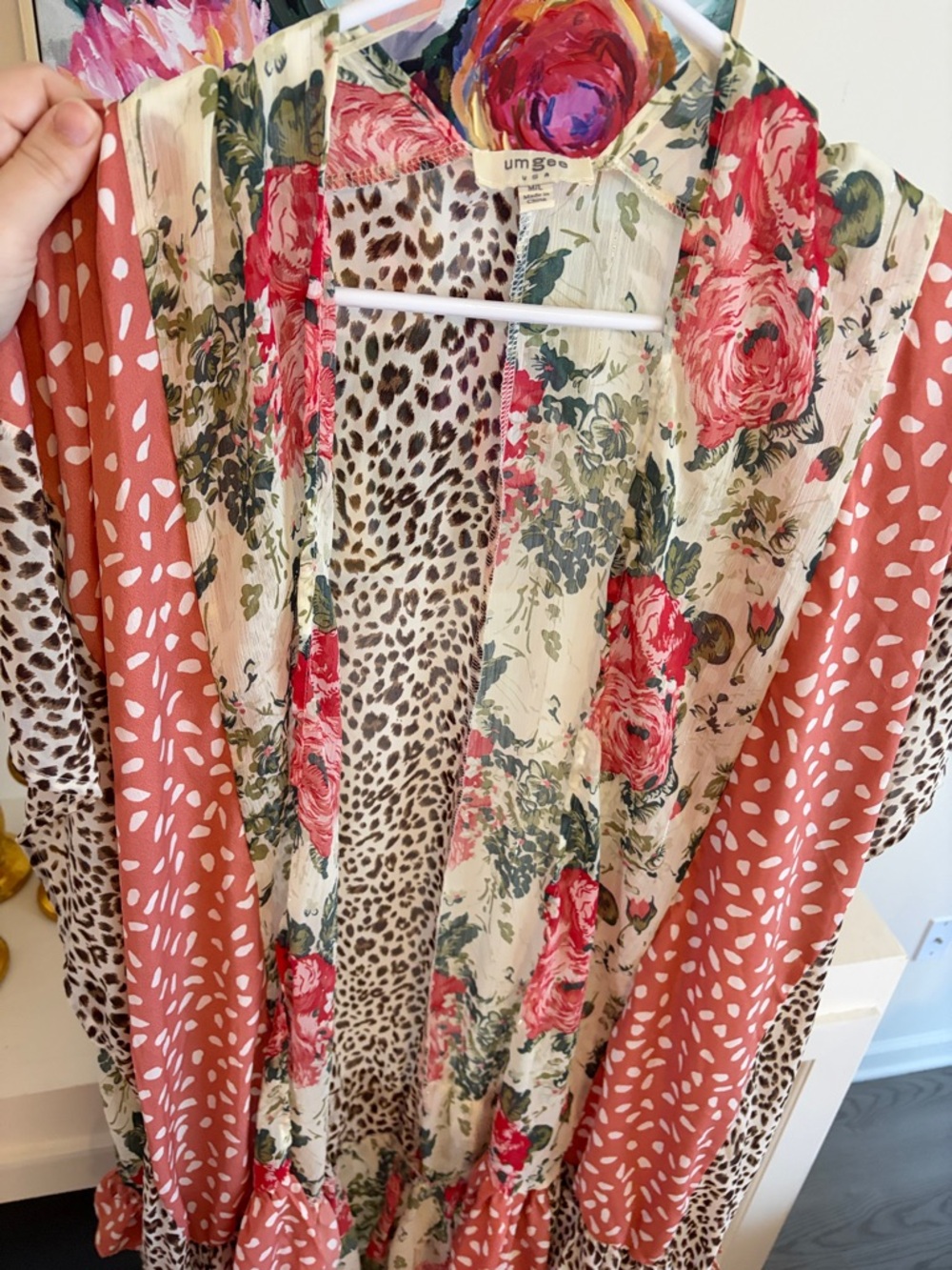 Umgee Mixed-Print Floral & Leopard Kimono in Cream, Rust & Pink